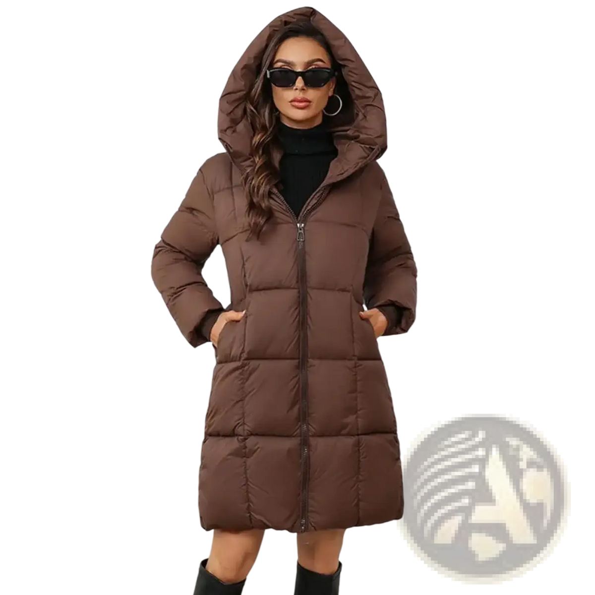 Women long slim fit brown quilted hooded puffer coat with front zipper and two side pockets for winter wear
