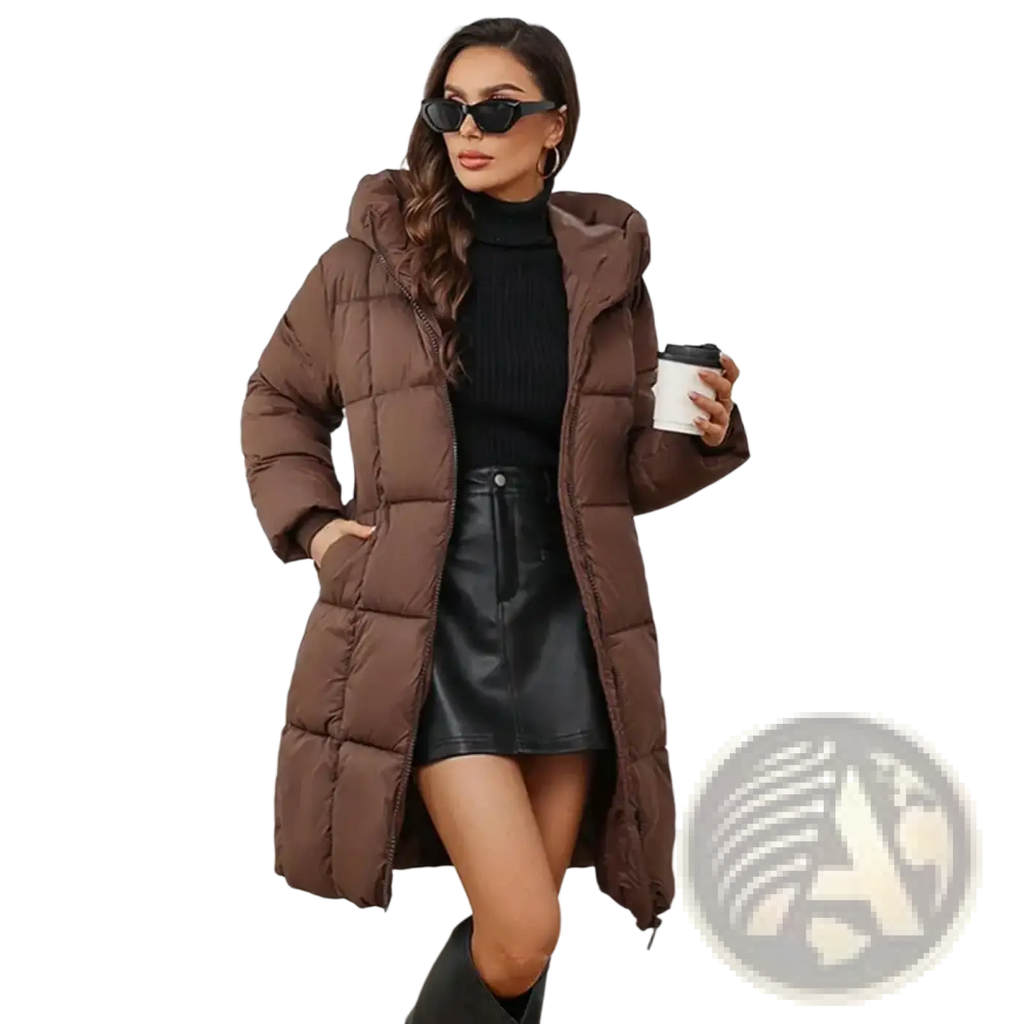 Brown quilted puffer coat with hood women long slim fit padded winter coat for cold weather