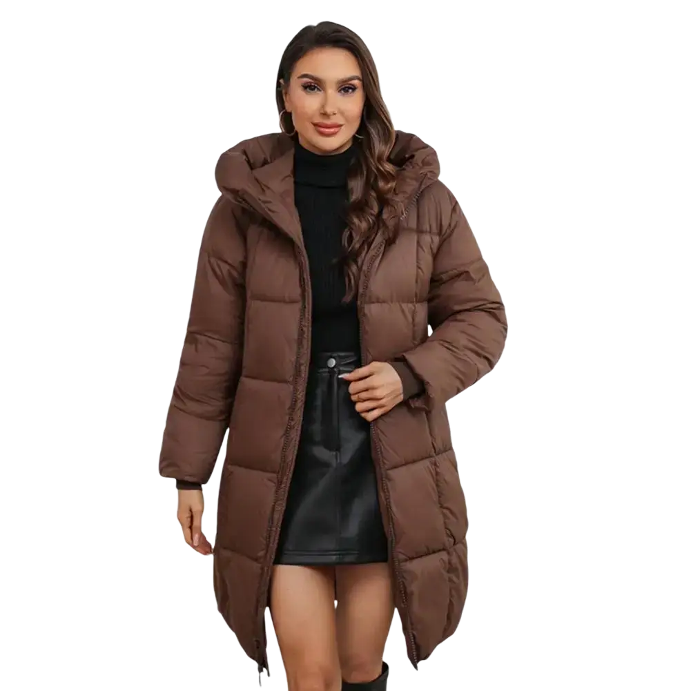 Brown quilted puffer coat with hood women long hooded padded winter coat slim fit for cold weather use