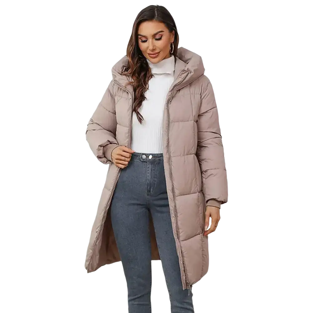 Women long hooded padded winter coat in beige quilted fabric with slim fit and zipper closure for cold weather