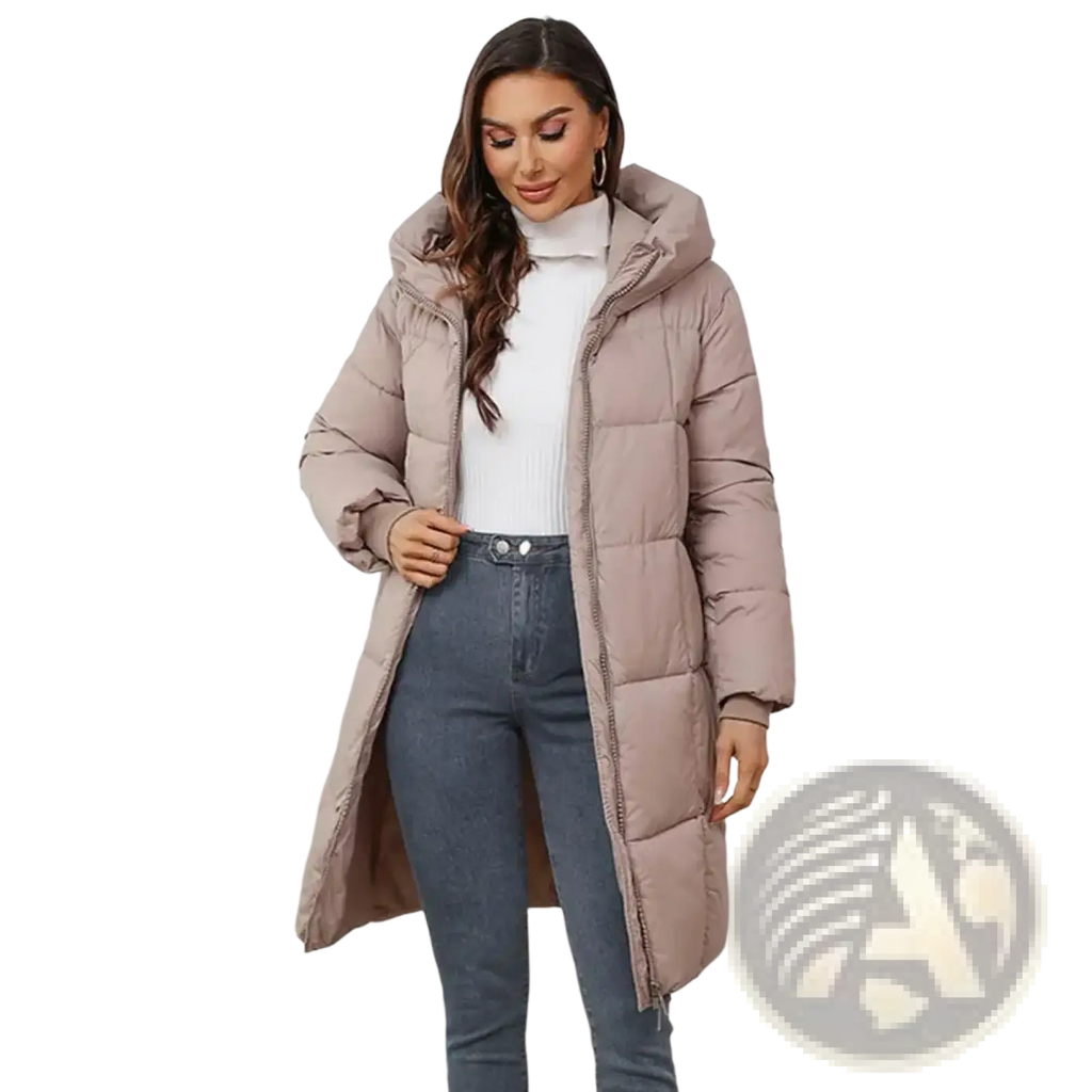 Women long hooded padded winter coat in beige quilted fabric with slim fit and zipper closure for cold weather