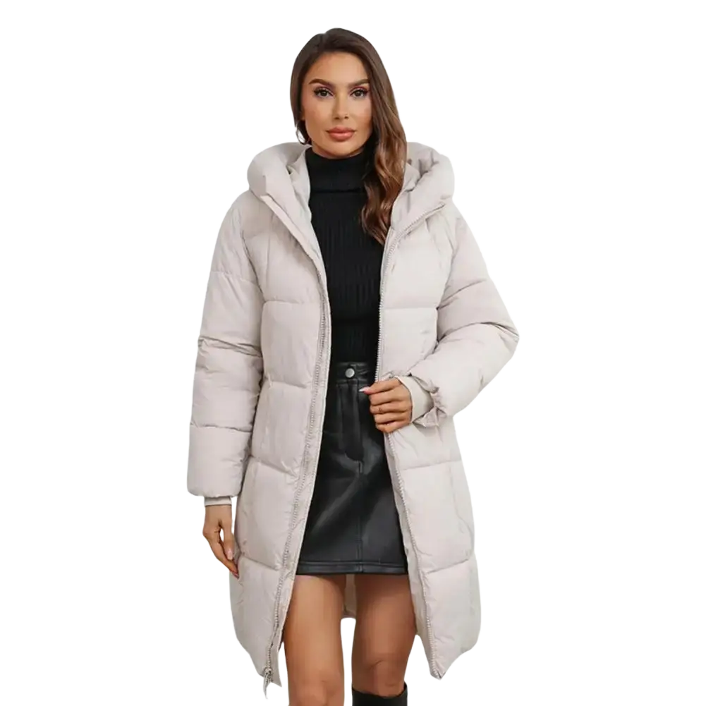 Women long hooded padded winter coat in sleek light gray with quilted design and slim fit for cold weather