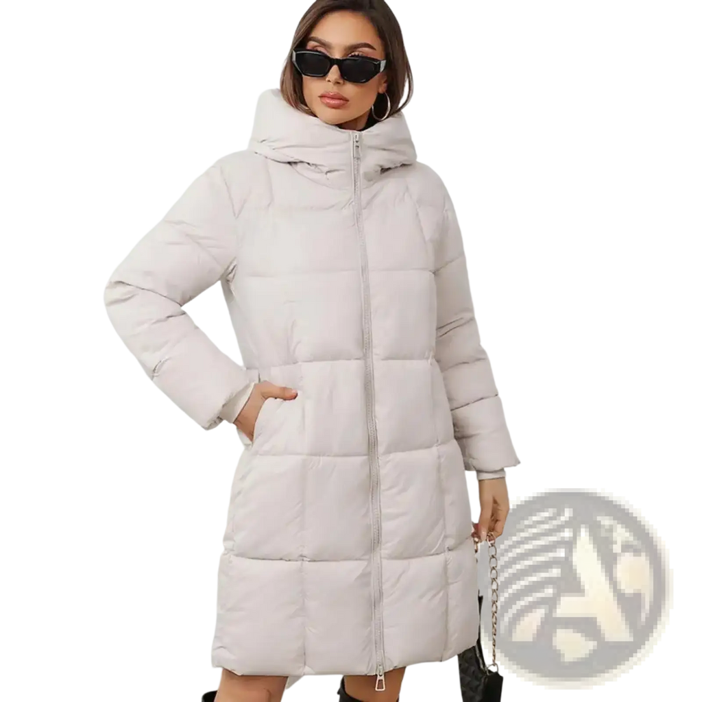 Women long hooded slim fit padded winter coat in off-white with quilted design and front zipper closure
