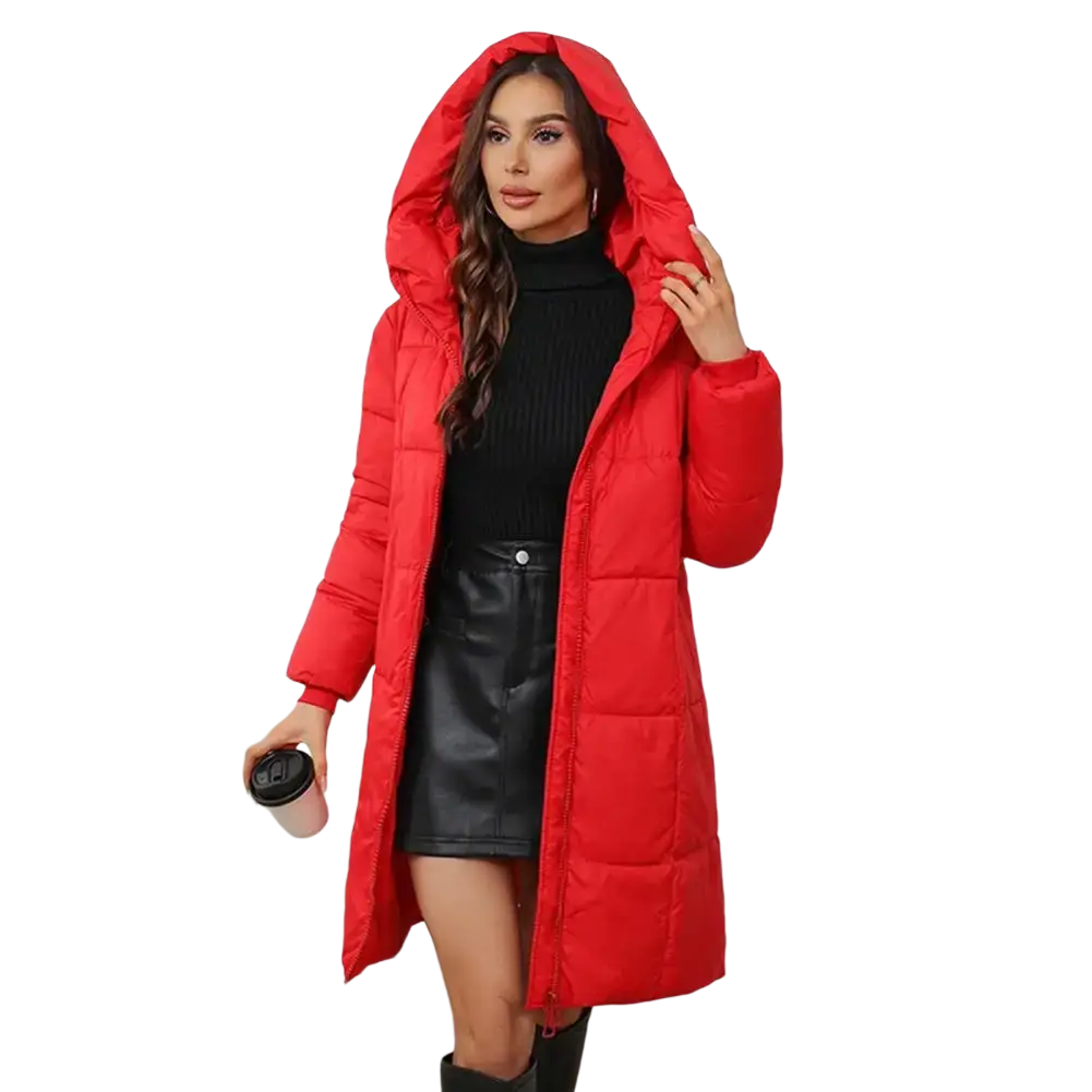 A vibrant red women long hooded padded winter coat with slim fit and quilted design for cold weather