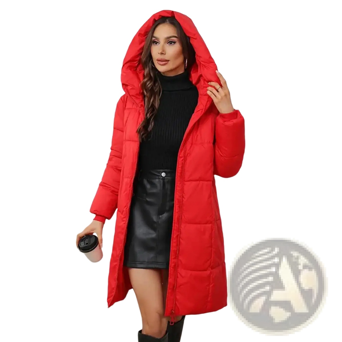 A vibrant red women long hooded padded winter coat with slim fit and quilted design for cold weather