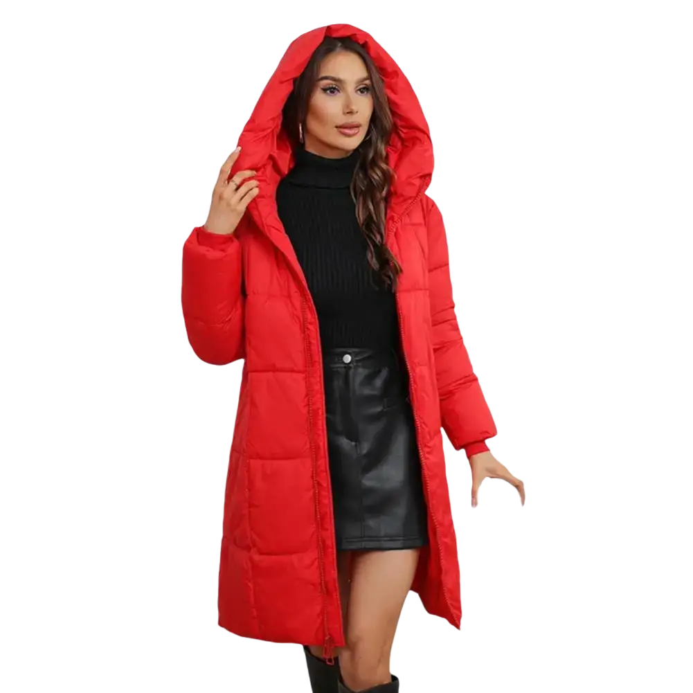 Women long hooded padded winter coat in vibrant red with quilted slim fit and sleek long design for cold weather