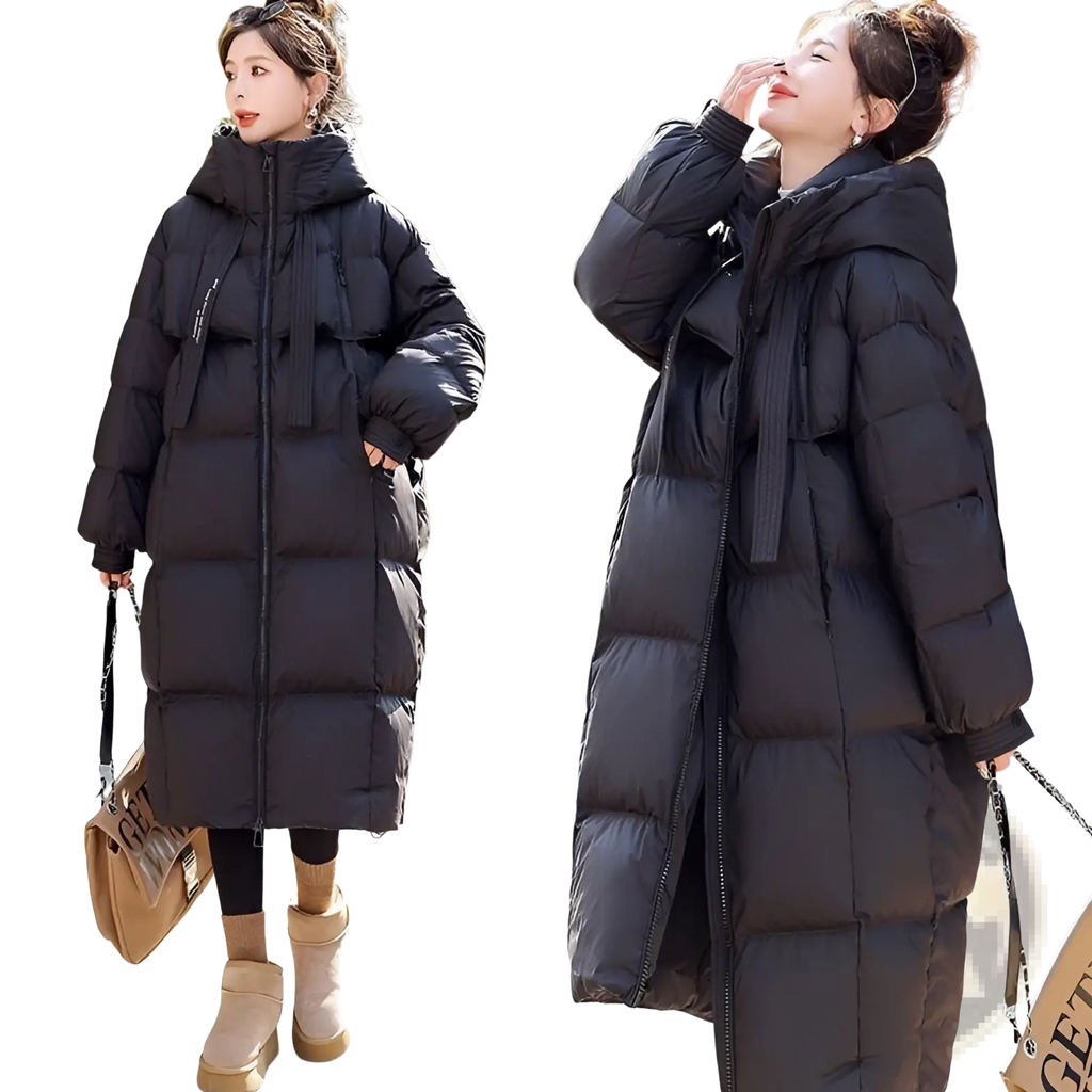 Black women long hooded puffer coat with quilted panels, front zipper, and side pockets for cold weather