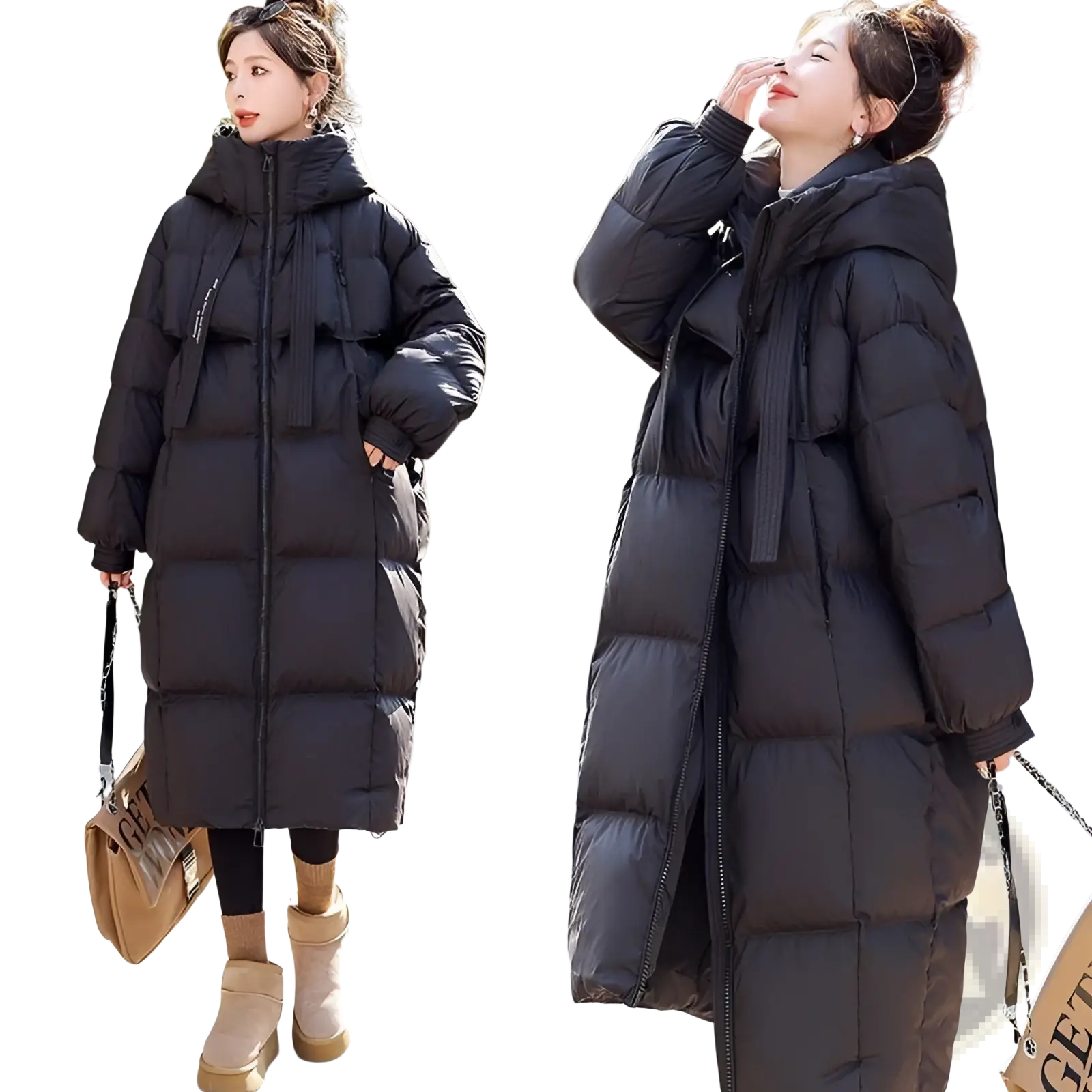 Black women long hooded puffer coat with quilted panels, front zipper, and side pockets for cold weather