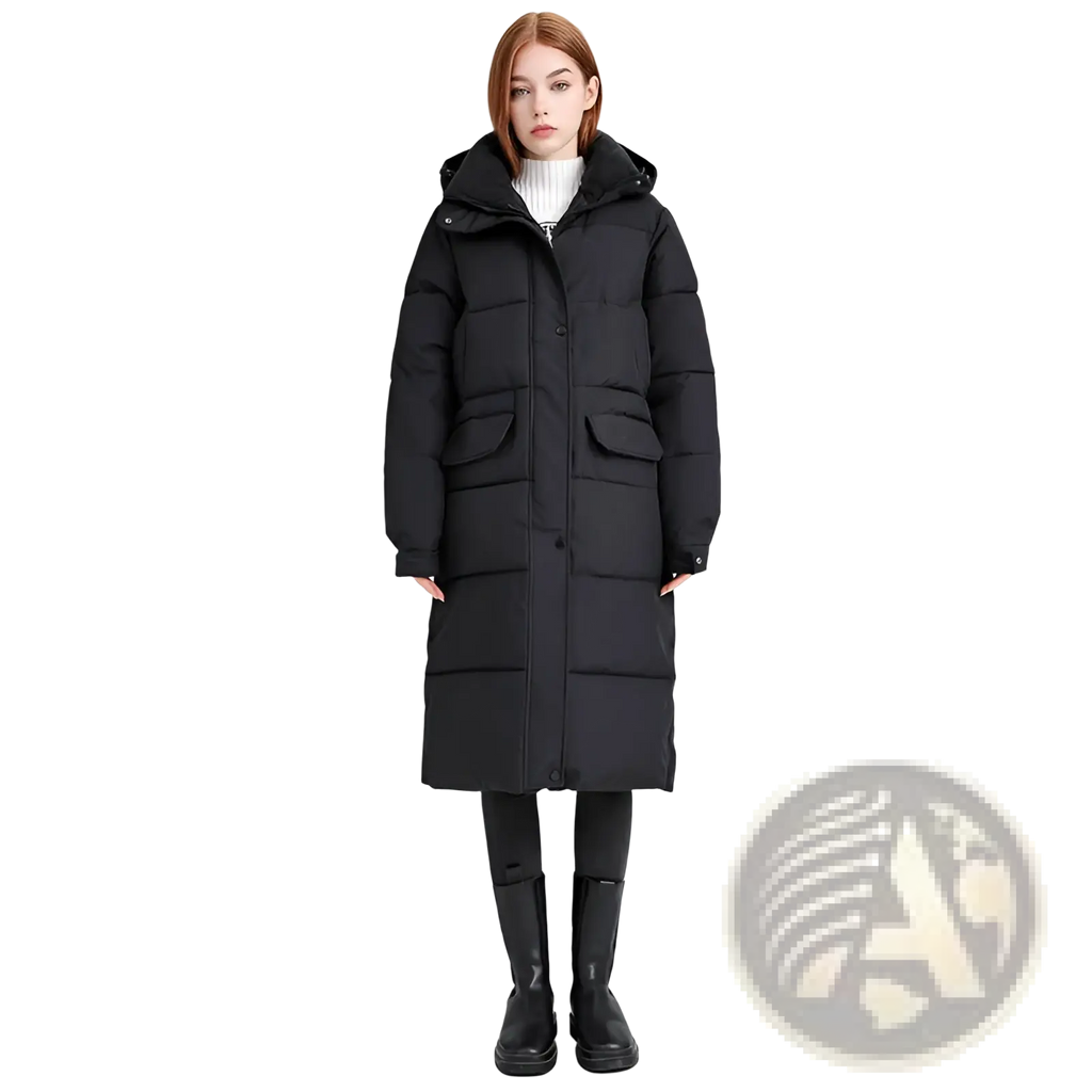 Women long hooded puffer coat in black quilted design with front pockets for warmth and style