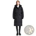 Women long hooded puffer coat in black quilted design with front pockets for warmth and style