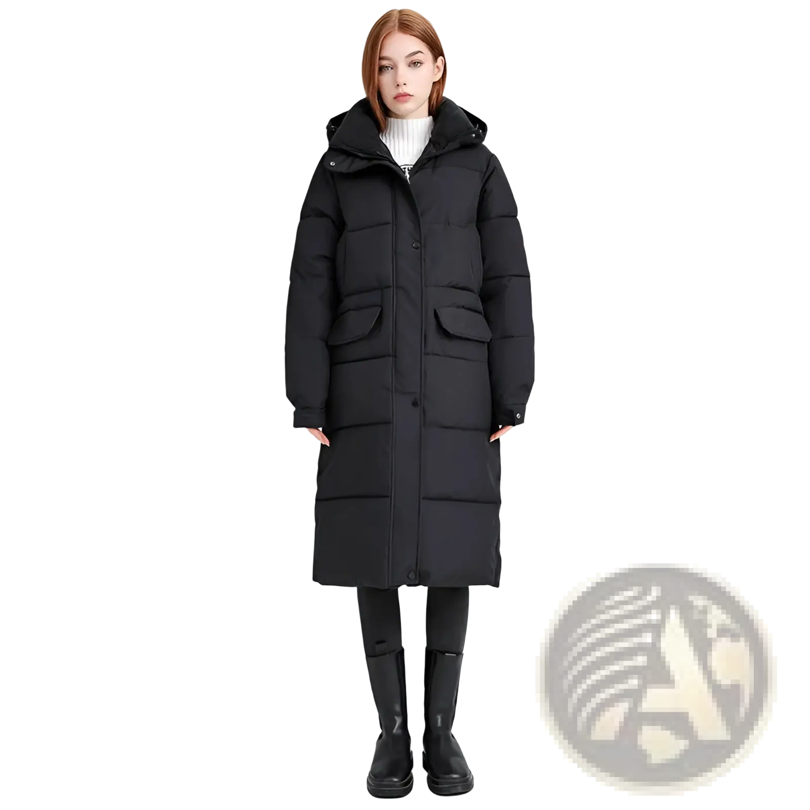 Women long hooded puffer coat in black quilted design with front pockets for warmth and style