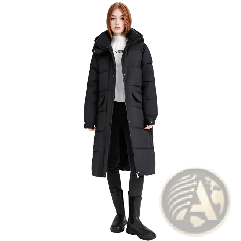 Women long hooded puffer coat in black with quilted design and front zipper closure for cold weather wear