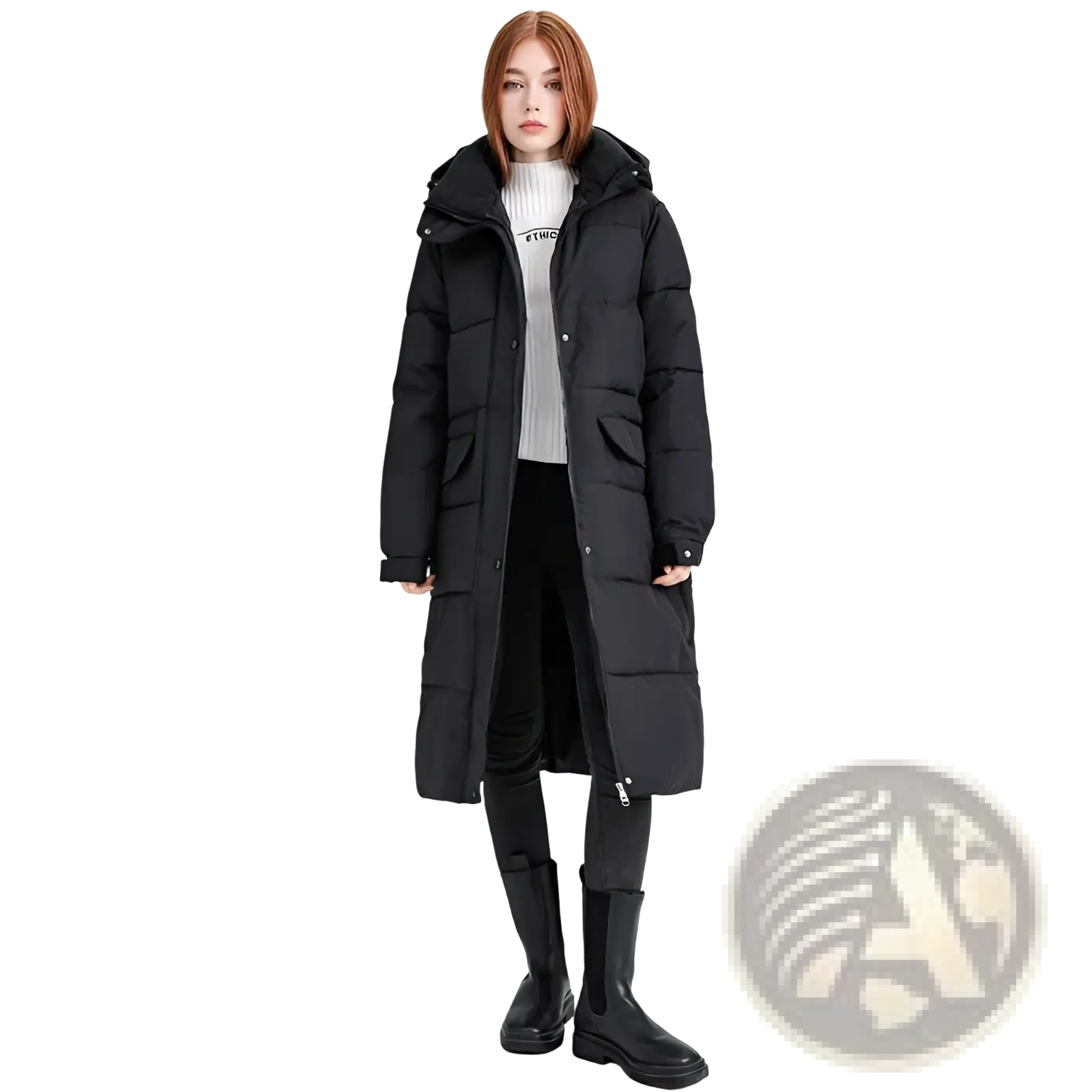 Women long hooded puffer coat in black with quilted design and front zipper closure for cold weather wear