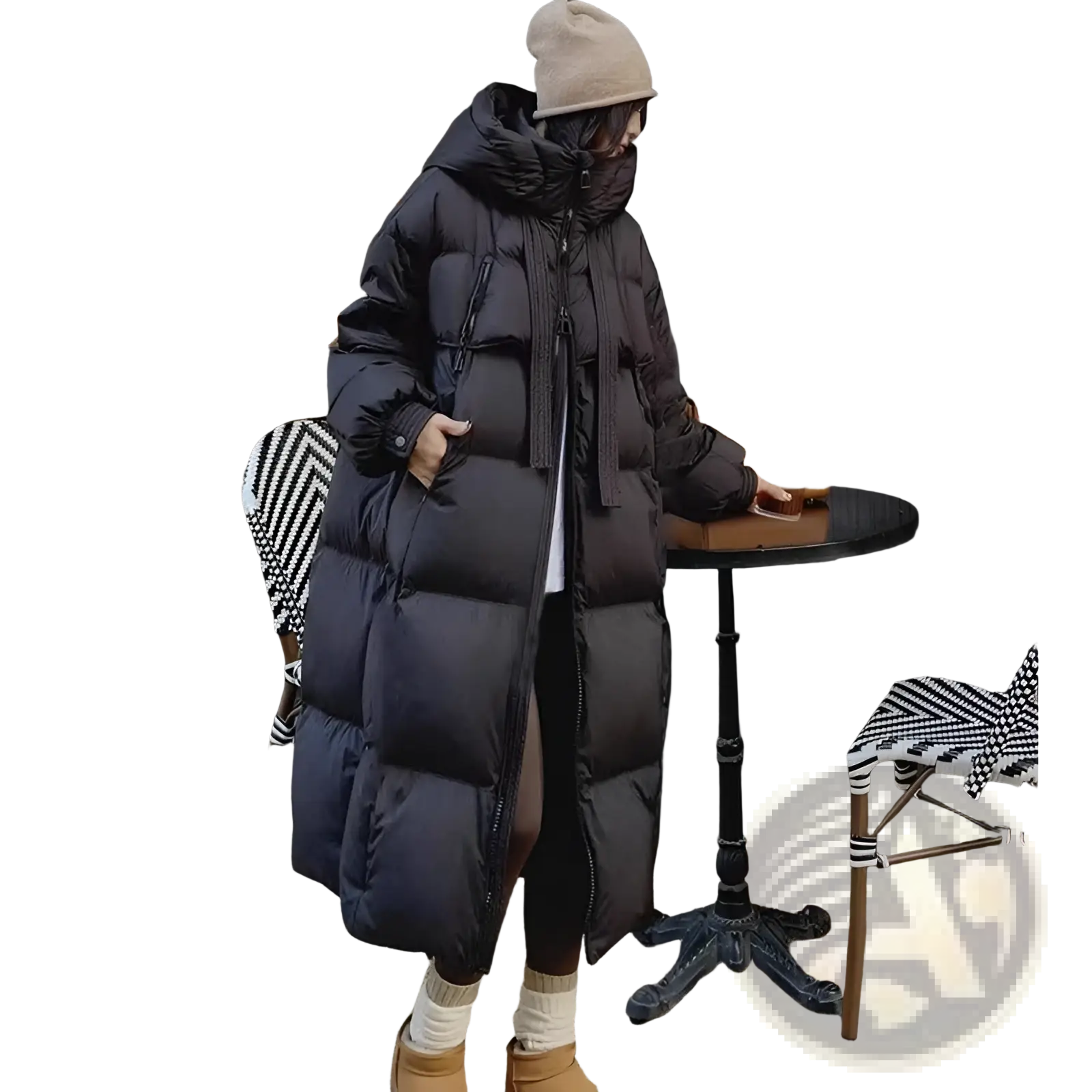 Women long hooded puffer coat in black with quilted panels front zipper and long sleeves for cold weather