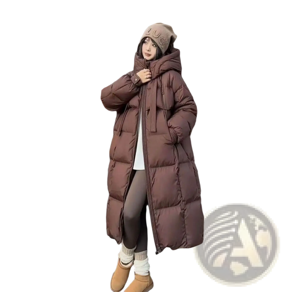 Brown quilted long hooded puffer coat with front zipper designed for women in cold weather use