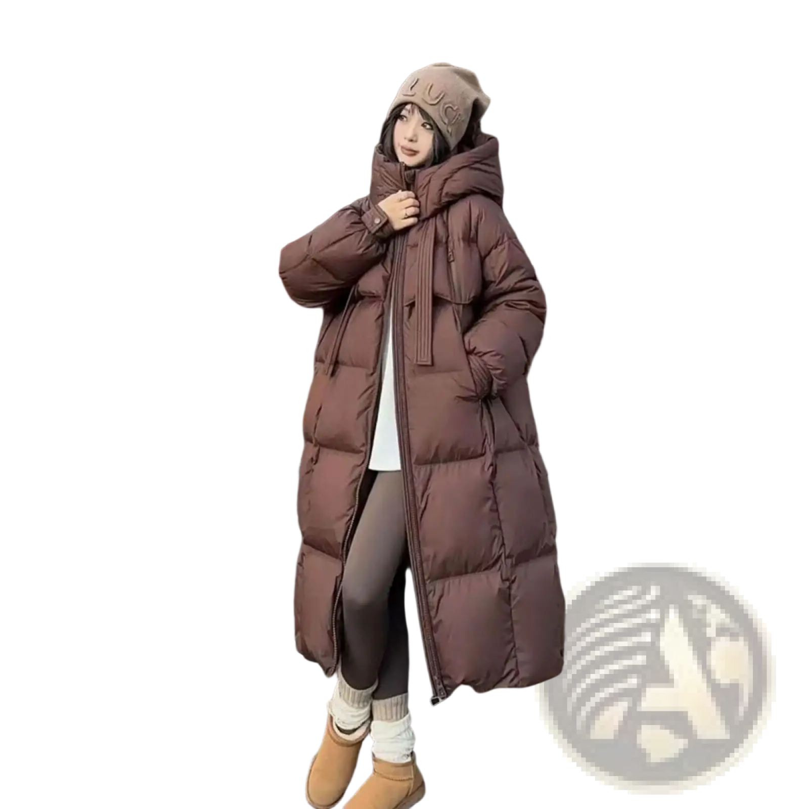 Brown quilted long hooded puffer coat with front zipper designed for women in cold weather use