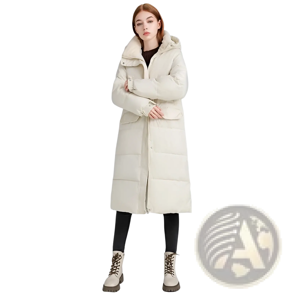 Women long hooded puffer coat in cream with quilted down material and front button closure for cold weather
