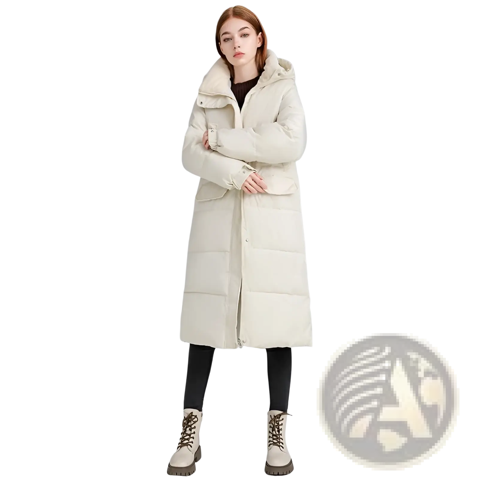 Women long hooded puffer coat in cream with quilted down material and front button closure for cold weather