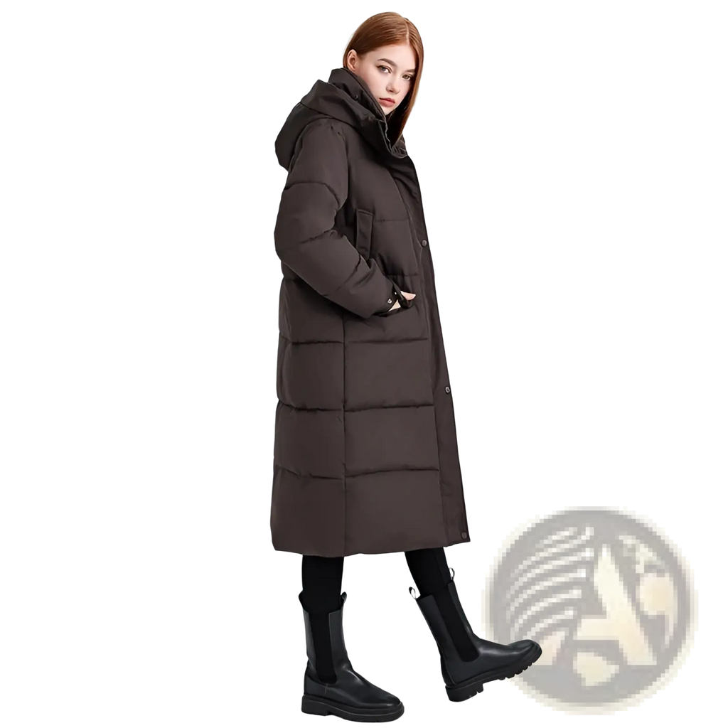 Women long hooded puffer coat in dark brown quilted fabric with front button closure for winter wear
