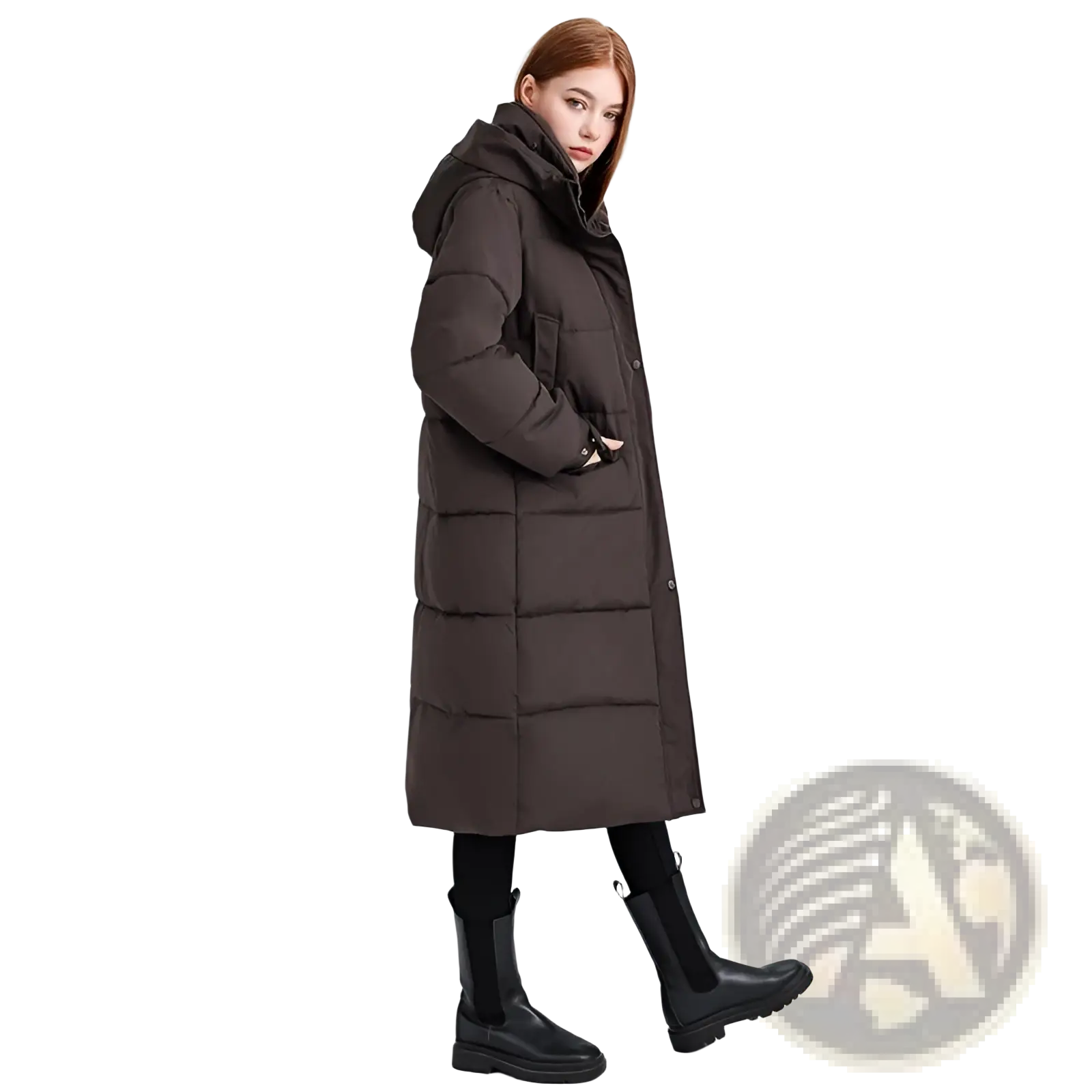 Women long hooded puffer coat in dark brown quilted fabric with front button closure for winter wear