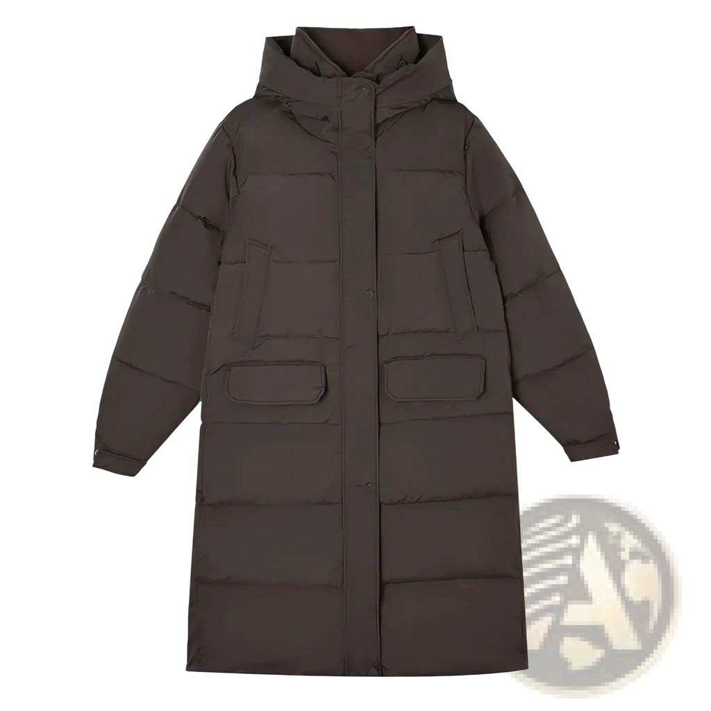 Women long hooded puffer coat in dark gray quilted design with multiple front pockets for warmth and functionality