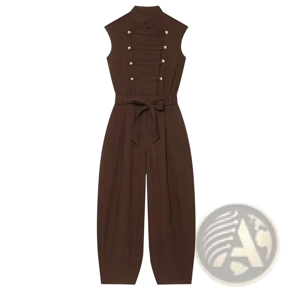 Women long sleeveless brown jumpsuit with high collar and gold button details on the back for casual wear