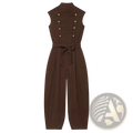 Women long sleeveless brown jumpsuit with high collar and gold button details on the back for casual wear