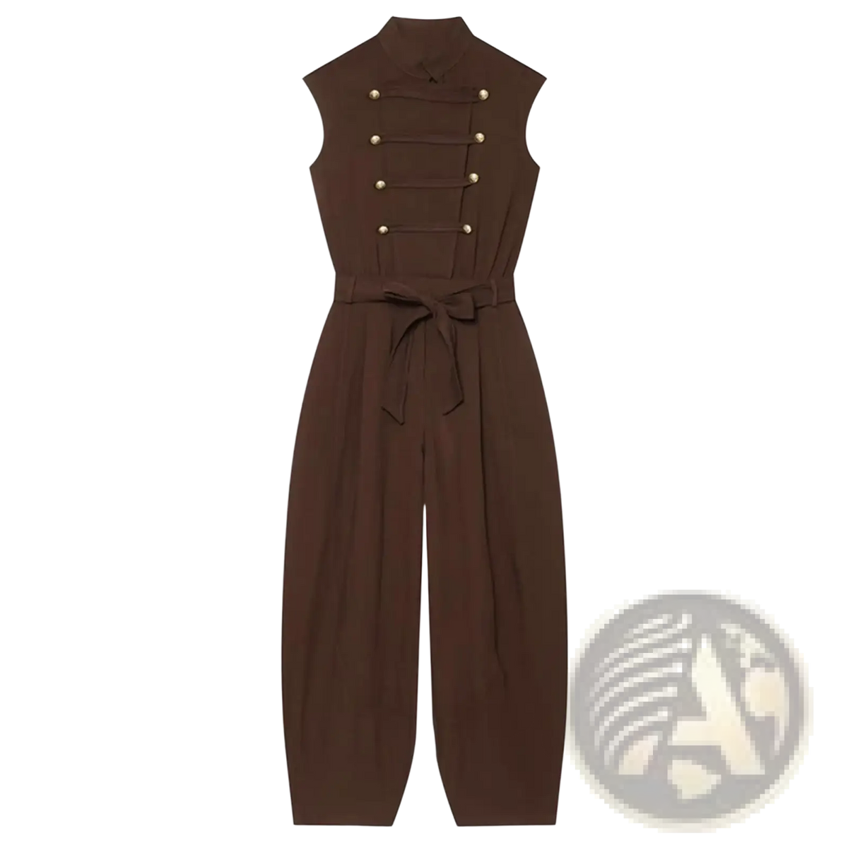 Women long sleeveless brown jumpsuit with high collar and gold button details on the back for casual wear