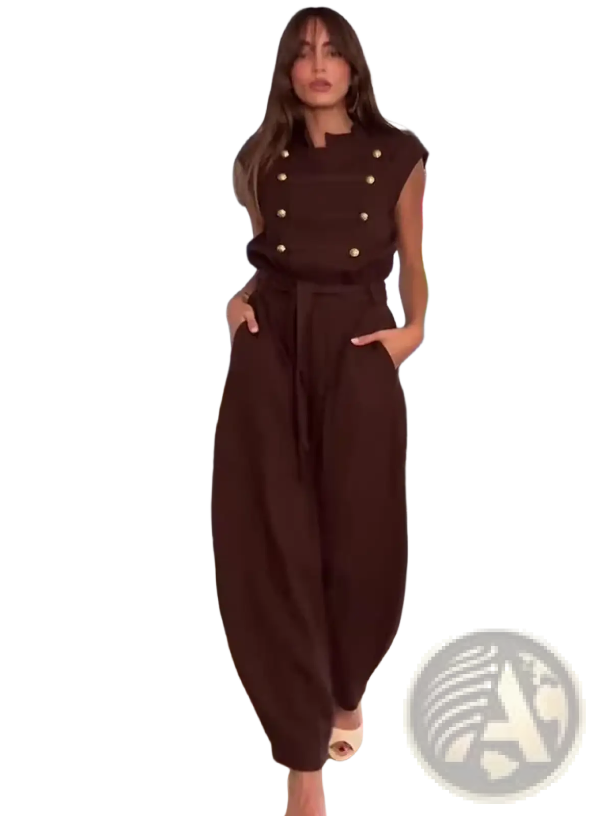 Brown sleeveless long jumpsuit with gold toned buttons and drawstring waist for casual wear