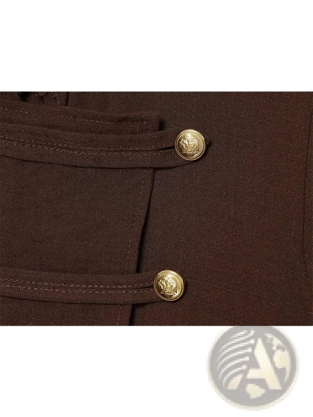 Brown fabric jacket with two gold-toned embossed buttons paired with women long sleeveless casual romper
