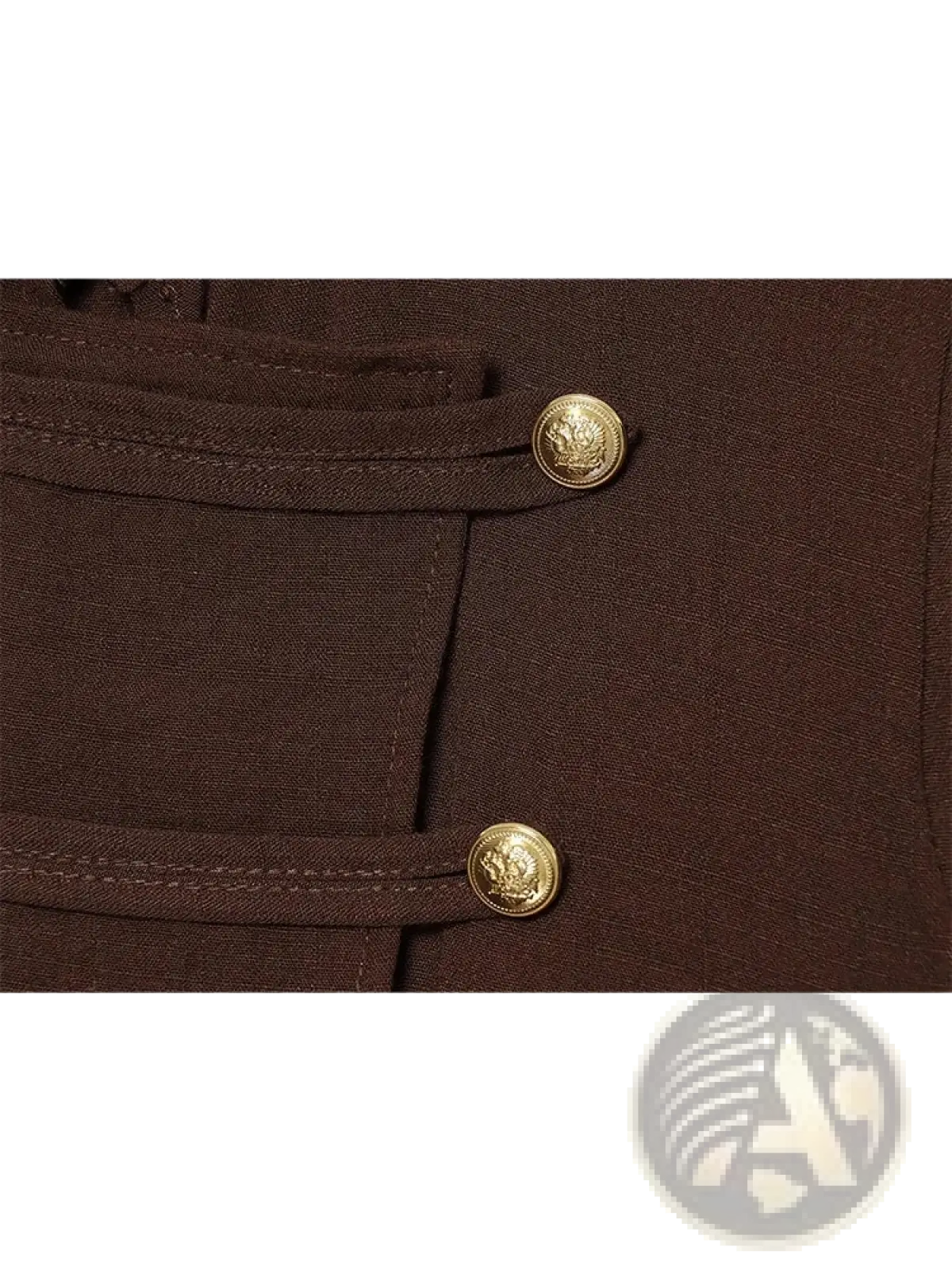 Brown fabric jacket with two gold-toned embossed buttons paired with women long sleeveless casual romper