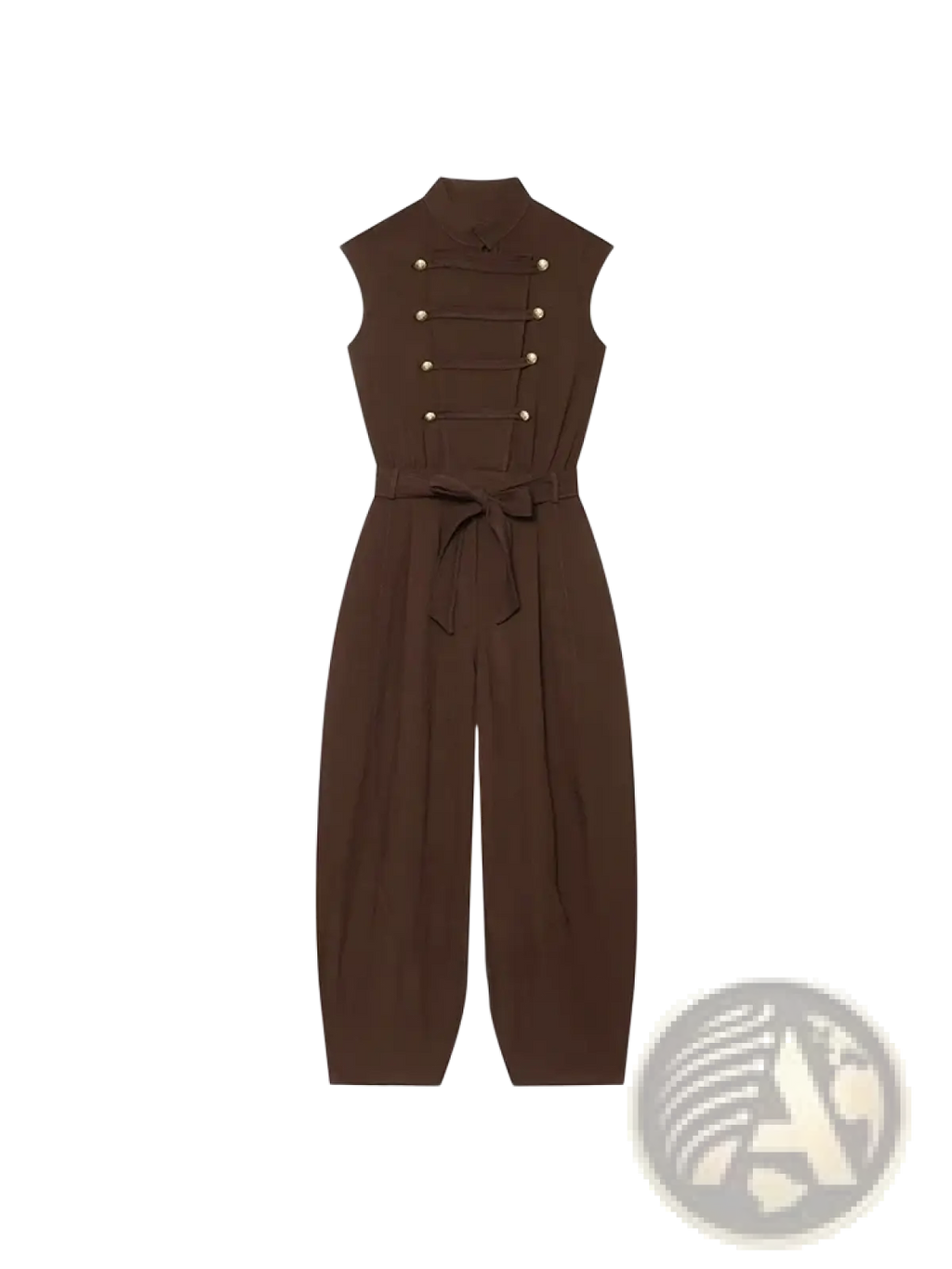 Women long brown sleeveless jumpsuit with high collar front button closure and matching belt for casual wear