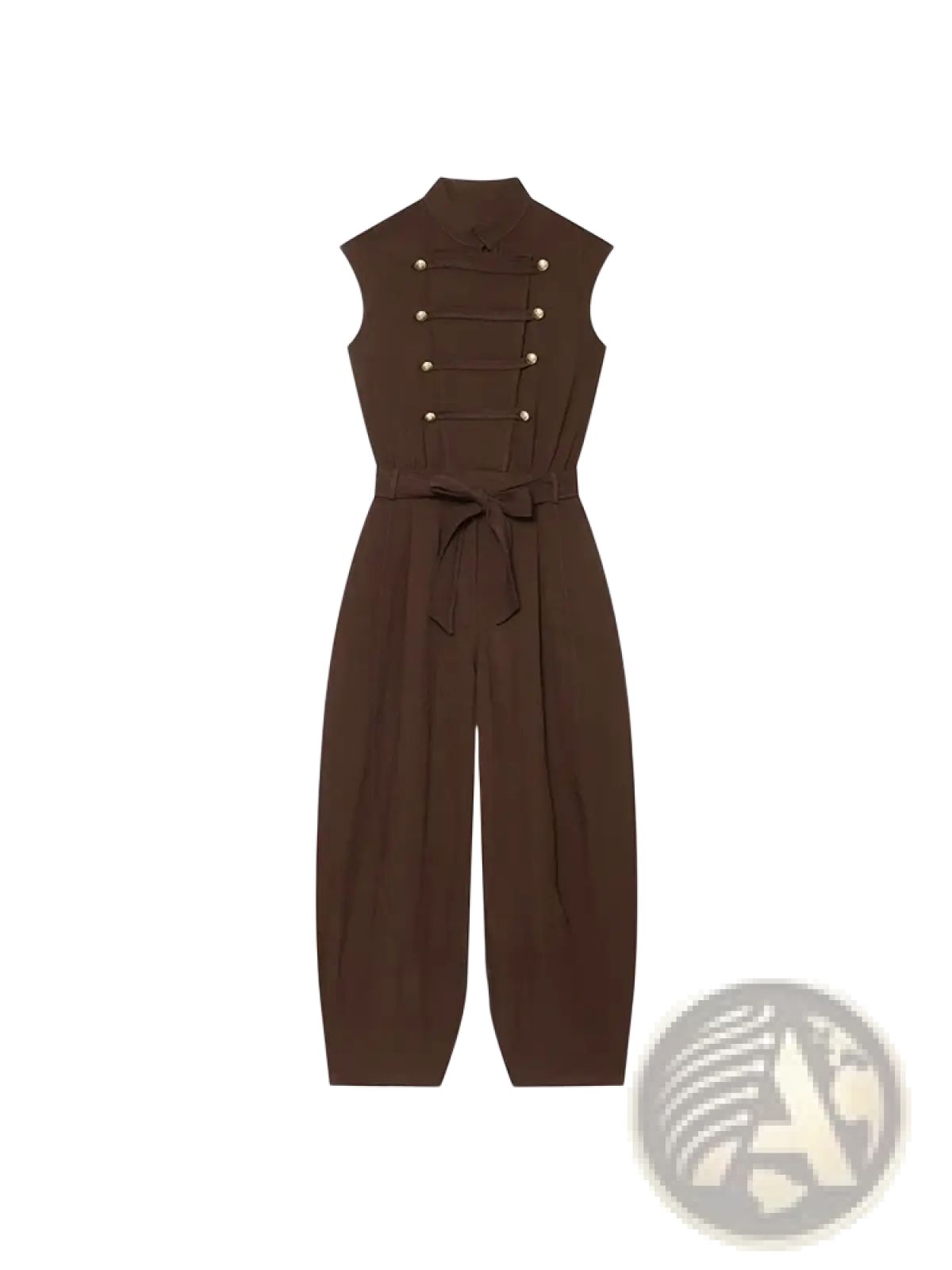 Women long brown sleeveless jumpsuit with high collar front button closure and matching belt for casual wear