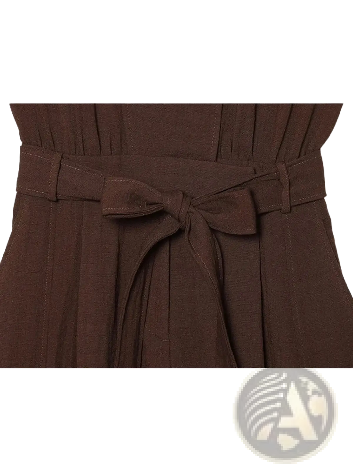 Brown pleated women long sleeveless jumpsuit with a matching self-tie belt featuring a tied bow for casual wear