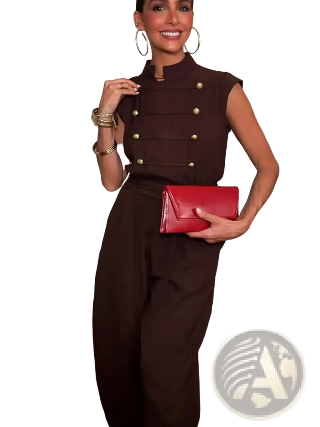 Vibrant red leather clutch with sleek rectangular design and subtle stitching paired with women long sleeveless casual romper