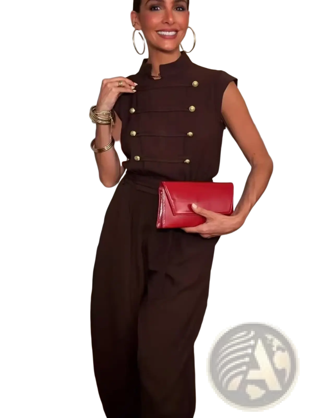 Vibrant red leather clutch with sleek rectangular design and subtle stitching paired with women long sleeveless casual romper