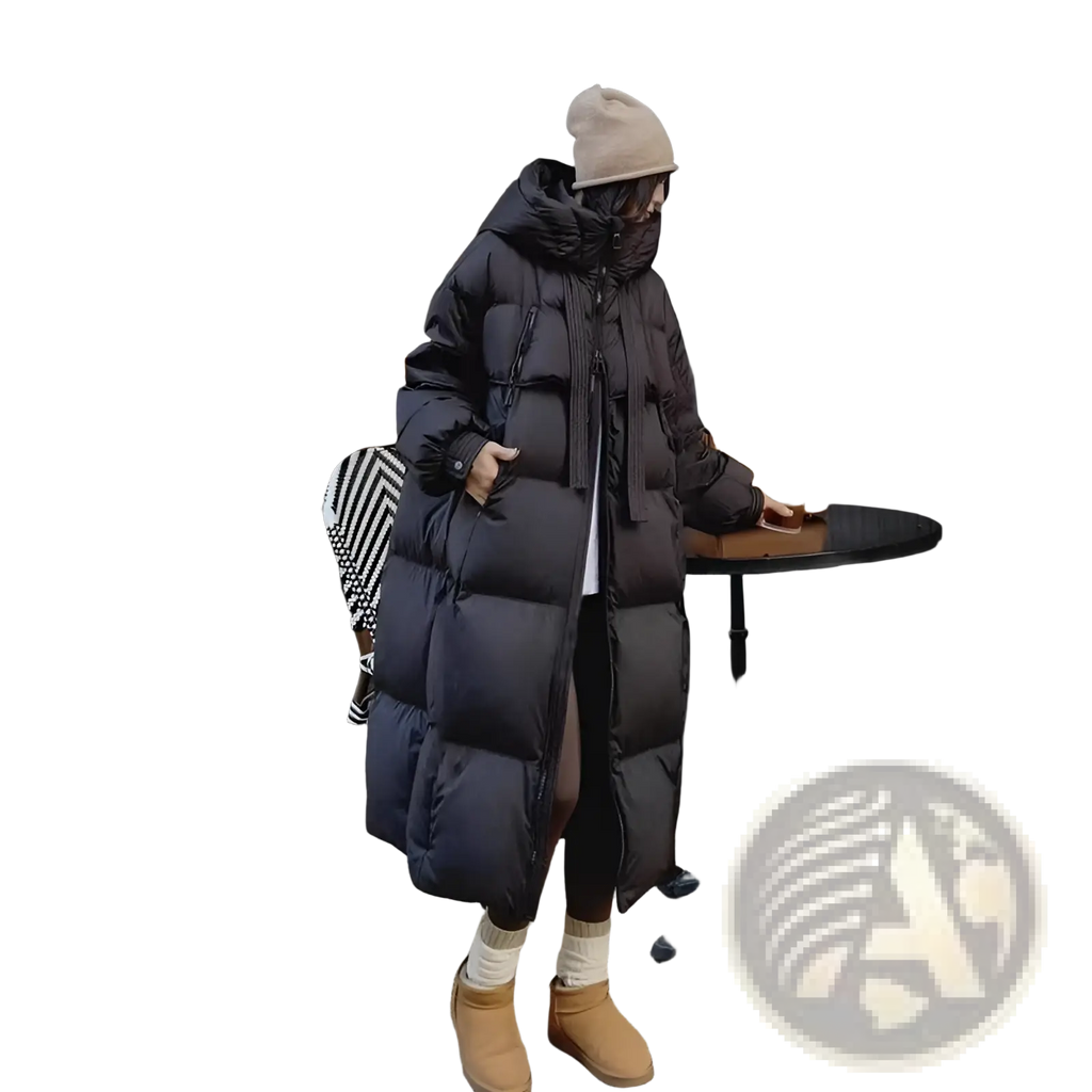 Black women long padded down jacket with quilted design and hood for warmth and style in cold weather
