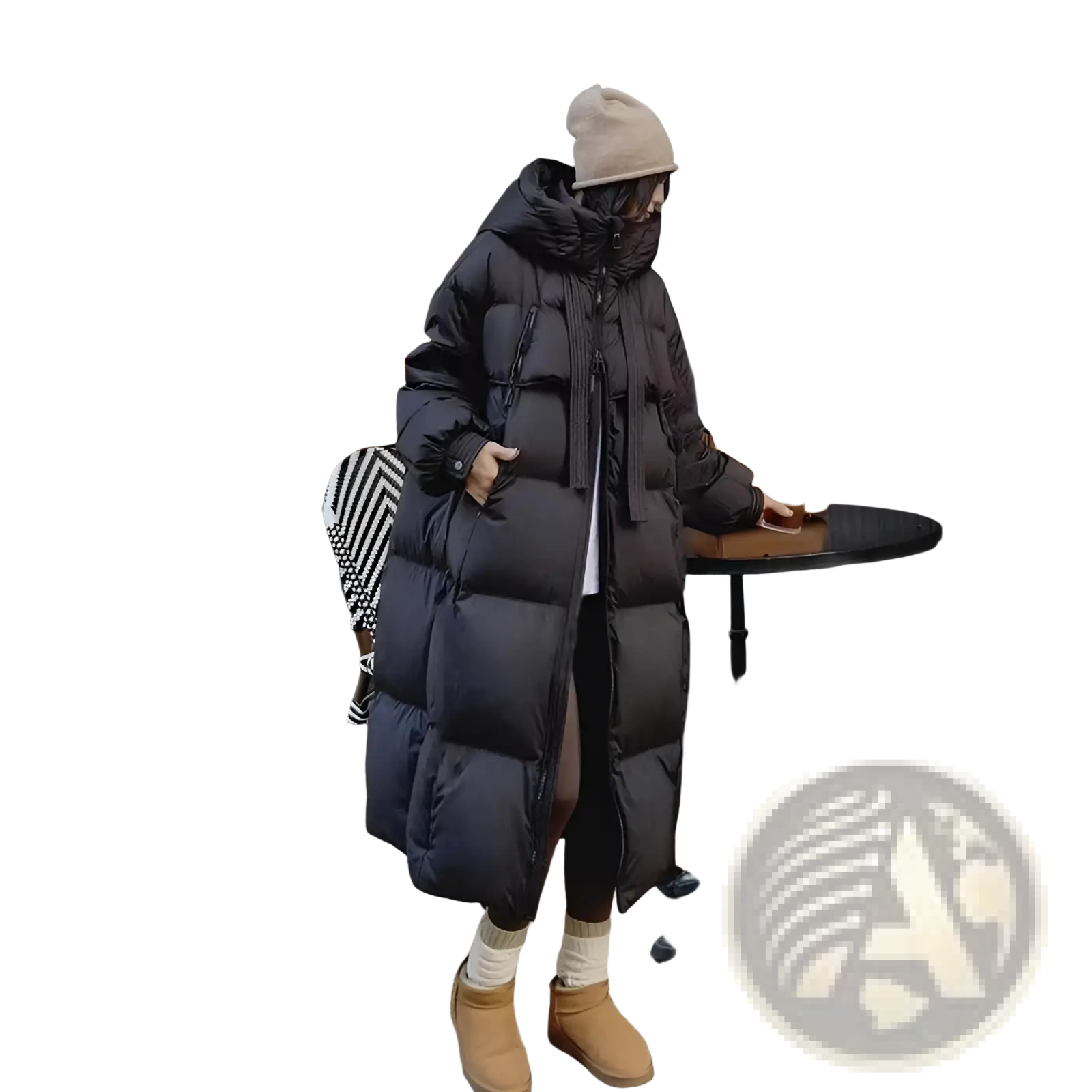 Black women long padded down jacket with quilted design and hood for warmth and style in cold weather