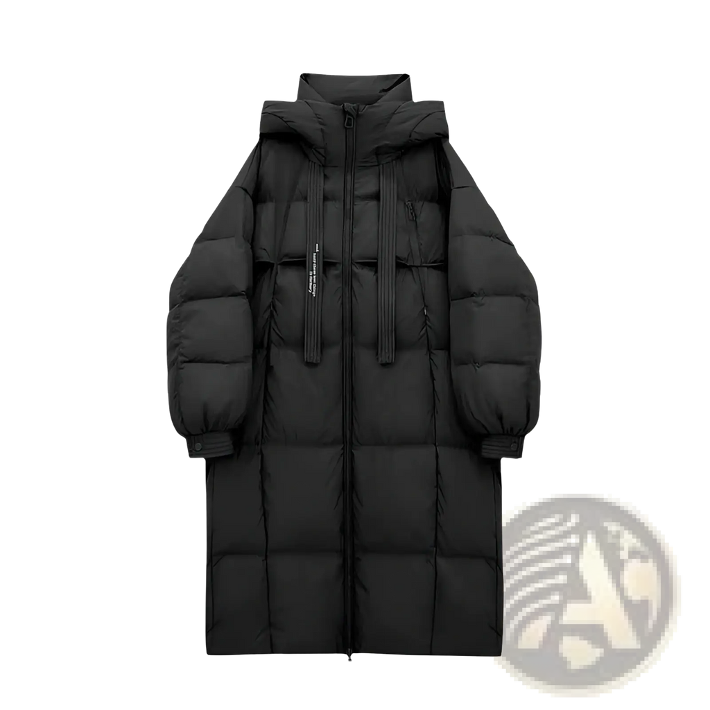 Women long padded down jacket quilted black puffer coat with hood and front zipper closure