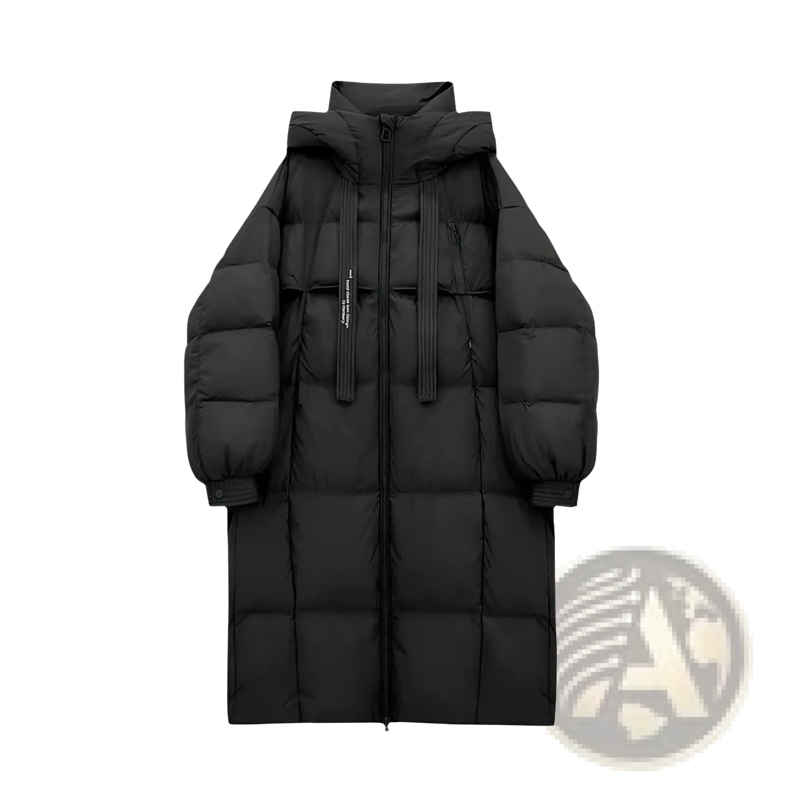 Women long padded down jacket quilted black puffer coat with hood and front zipper closure