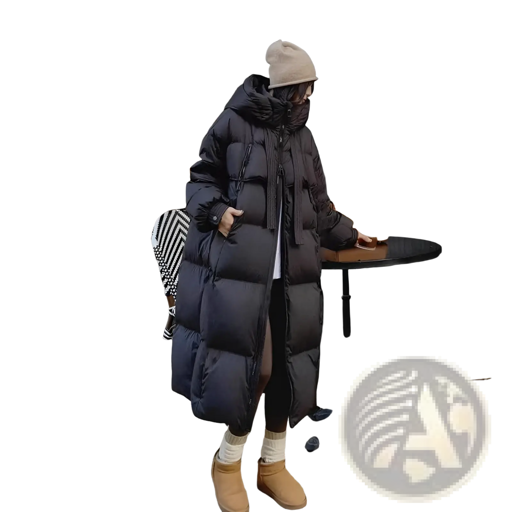 Black women long padded down jacket quilted coat with hood front zipper and quilted fabric for cold weather