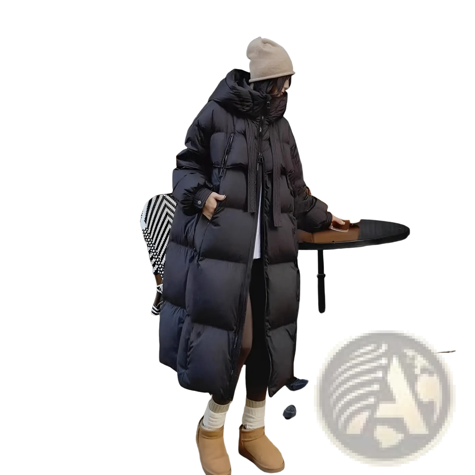 Black women long padded down jacket quilted coat with hood front zipper and quilted fabric for cold weather