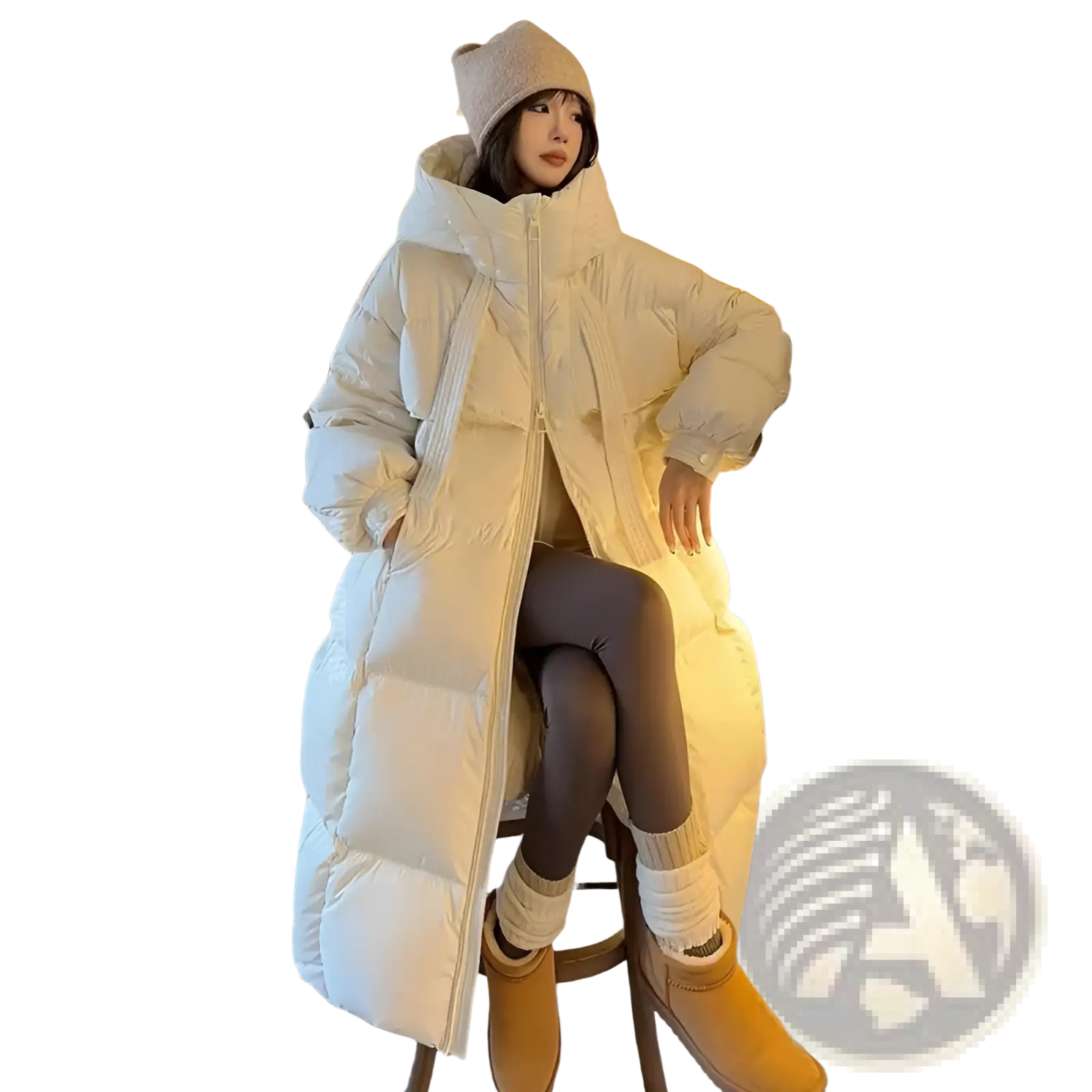 Women long padded down jacket in cream with quilted design and attached hood for cold weather protection
