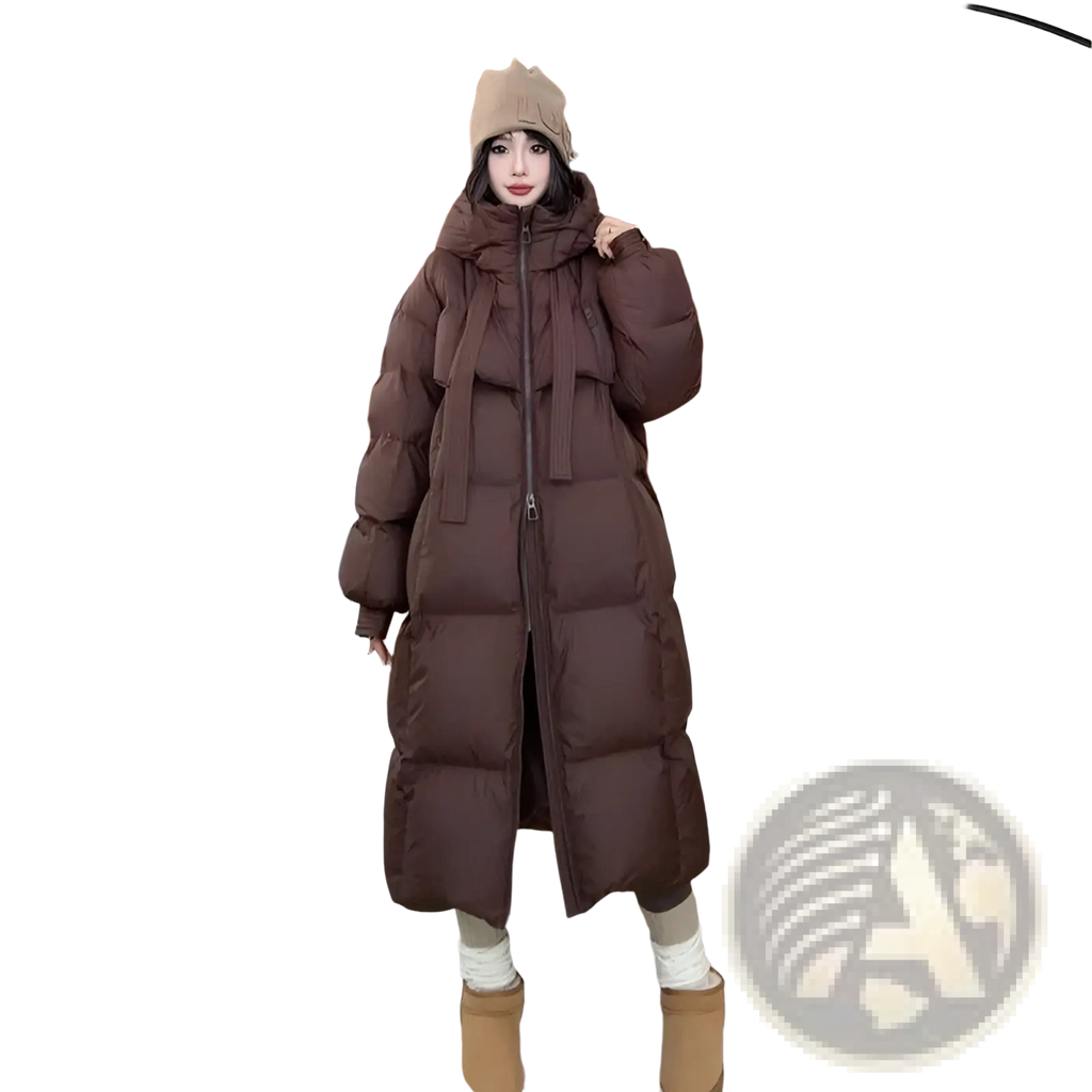Women long padded down jacket quilted coat in brown with a hood and front zipper for winter wear