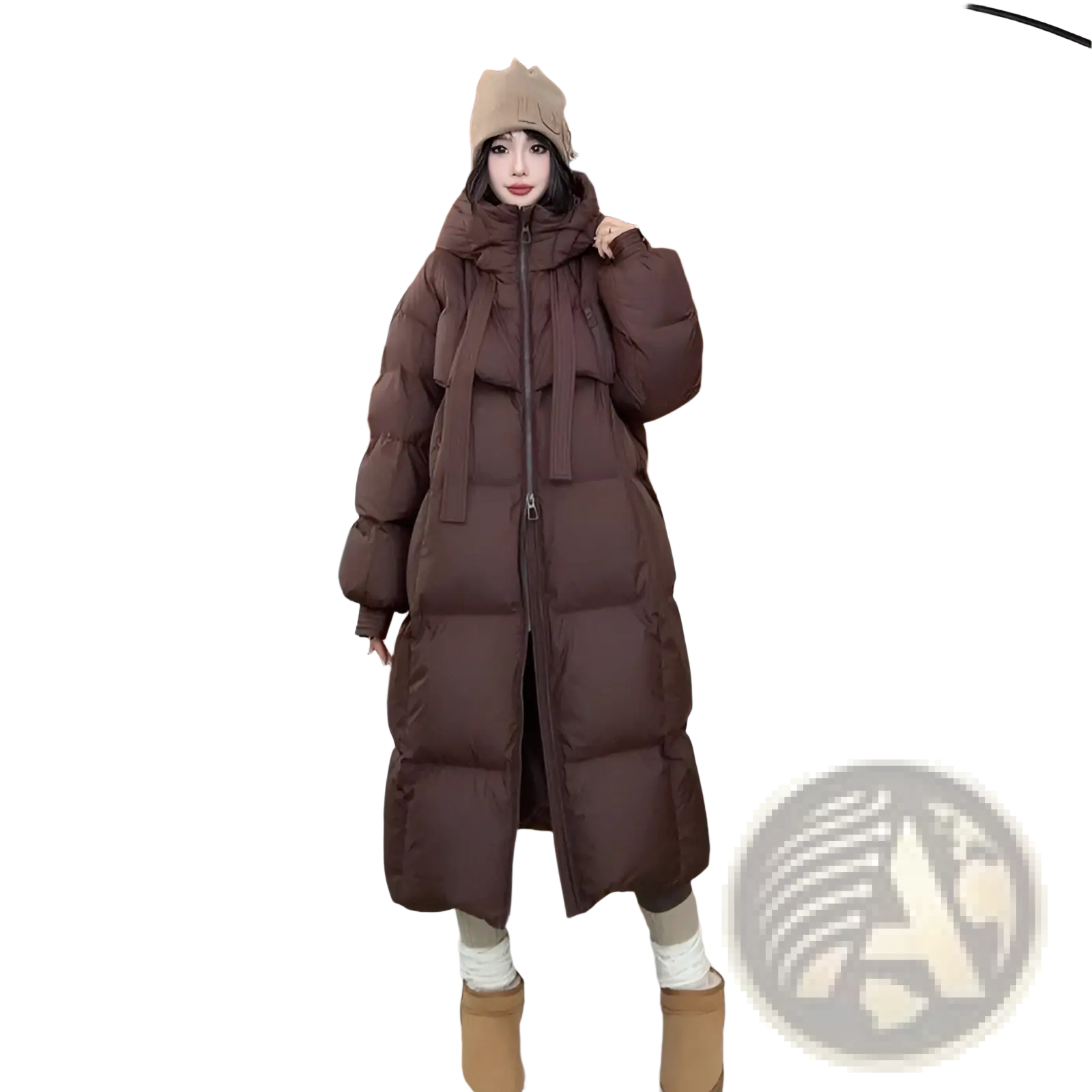 Women long padded down jacket quilted coat in brown with a hood and front zipper for winter wear