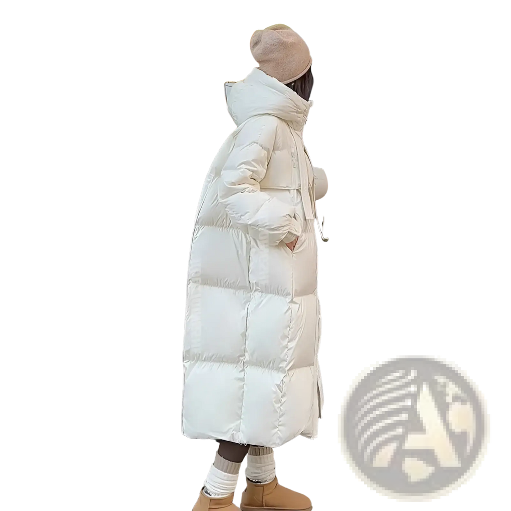 Women long padded down jacket quilted coat in white with high collar and padded sleeves for cold weather use