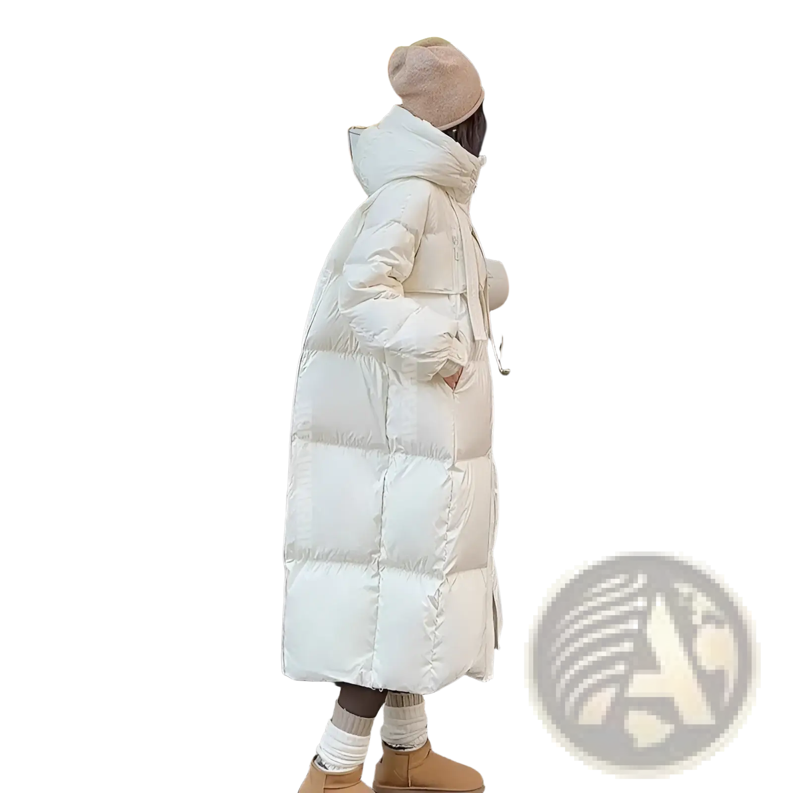 Women long padded down jacket quilted coat in white with high collar and padded sleeves for cold weather use