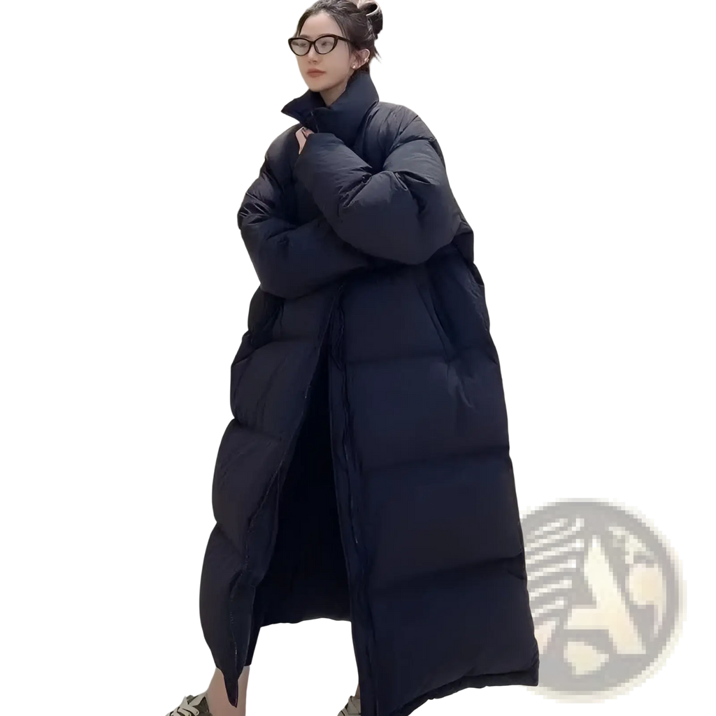 Black women long quilted puffer coat with high collar made of cotton for winter outerwear use