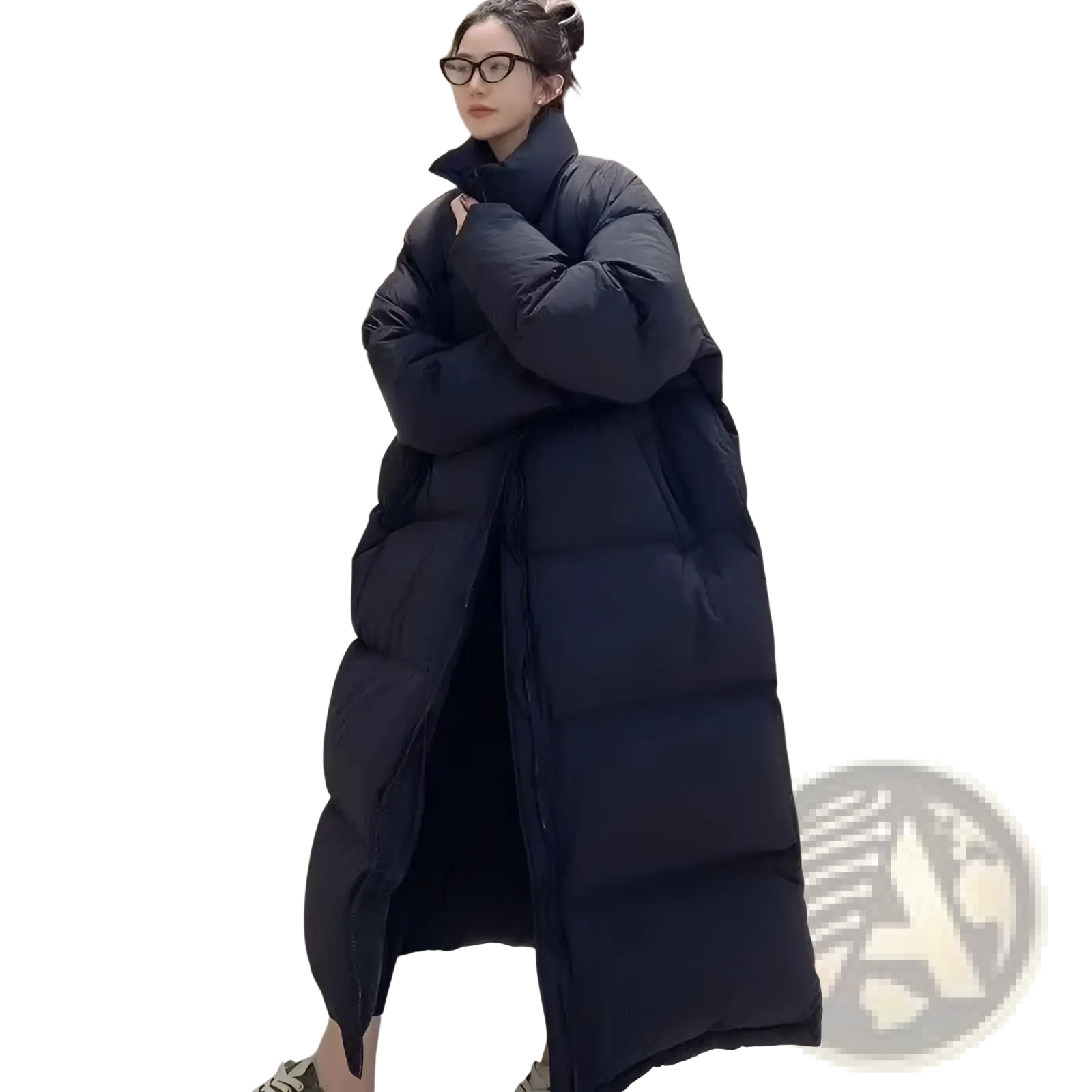 Black women long quilted puffer coat with high collar made of cotton for winter outerwear use