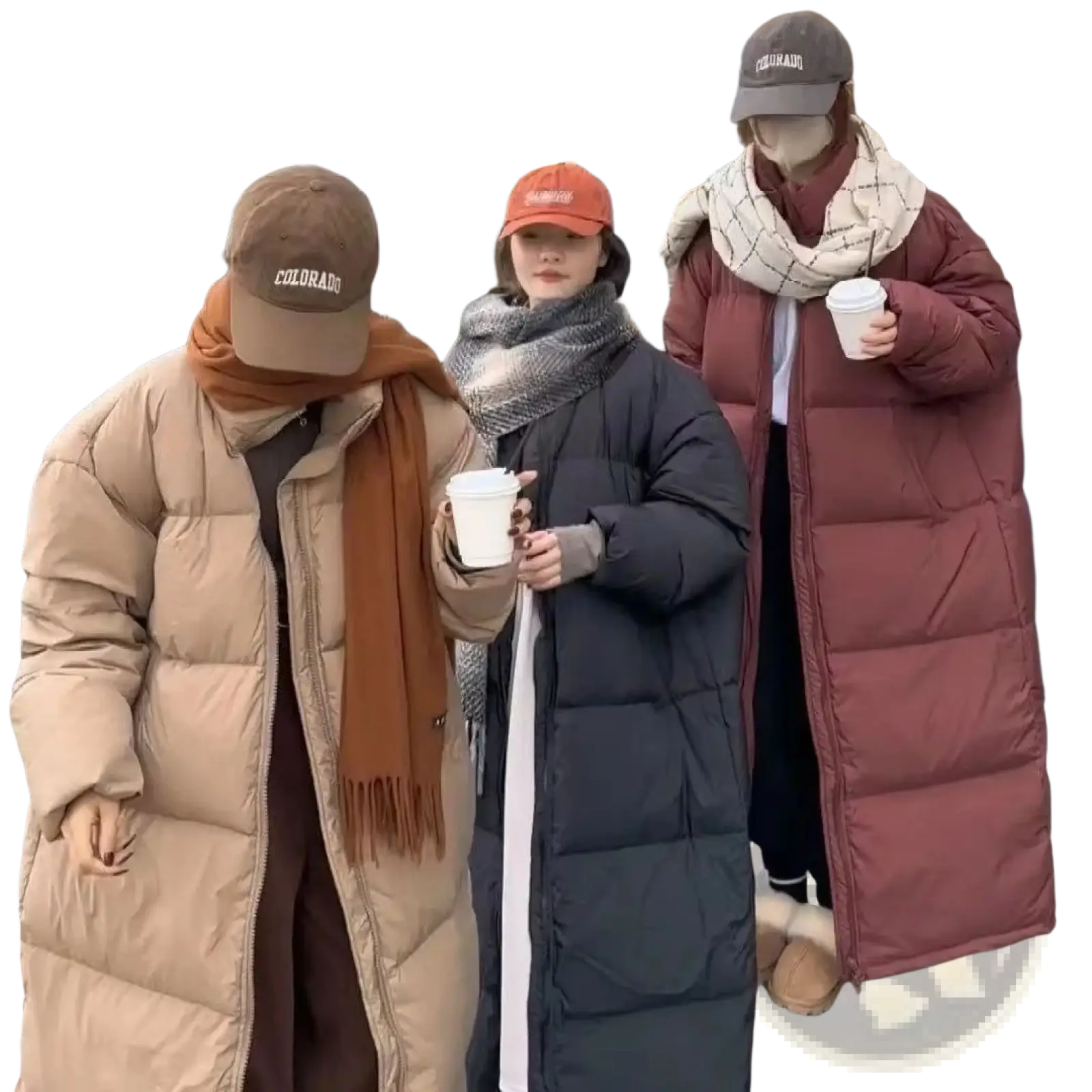 Three women wearing beige black and maroon long quilted cotton winter puffer coats for cold weather use